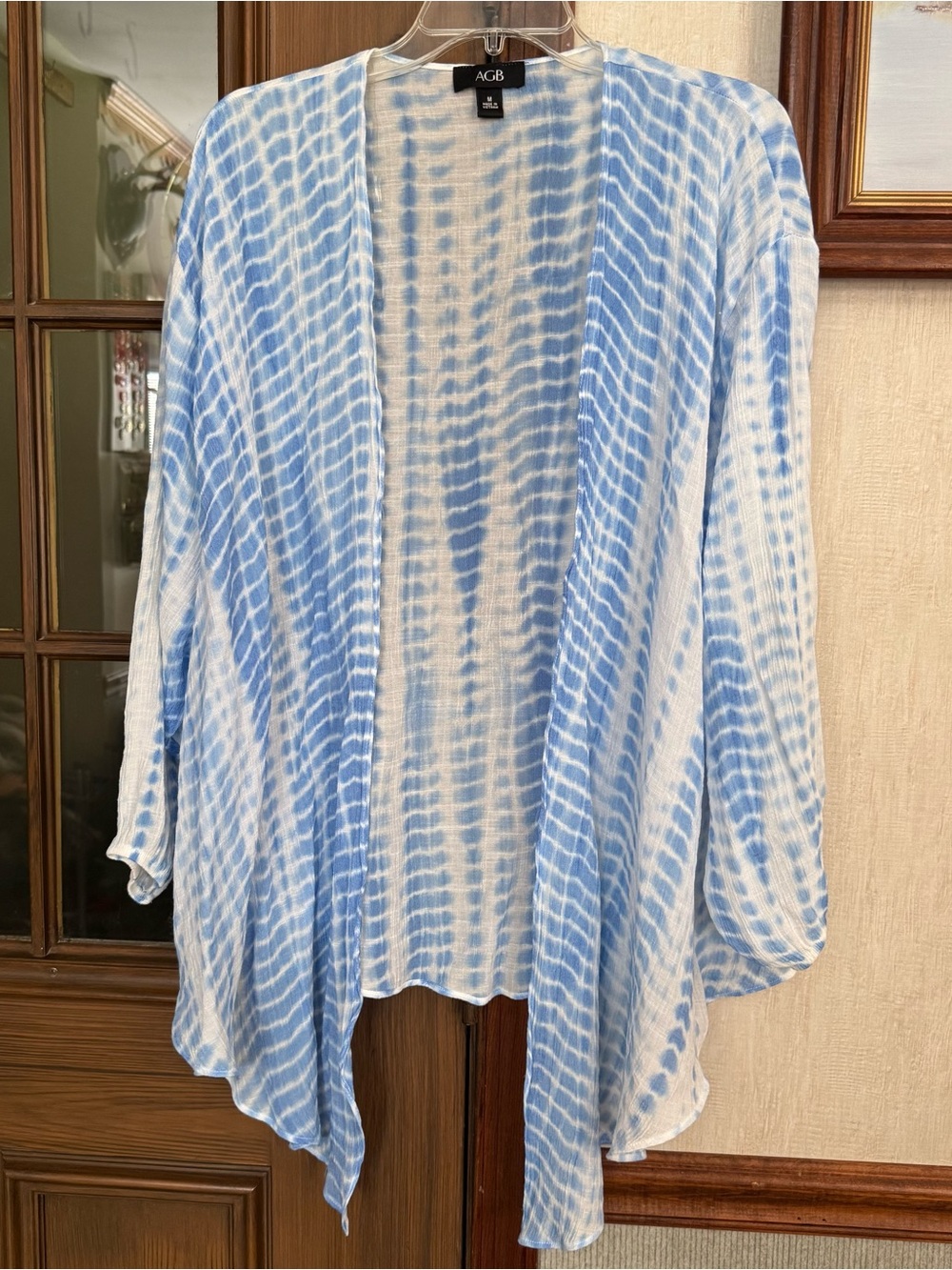 AGB Light Blue and White Tie-Dye Open Front Tunic Cardigan